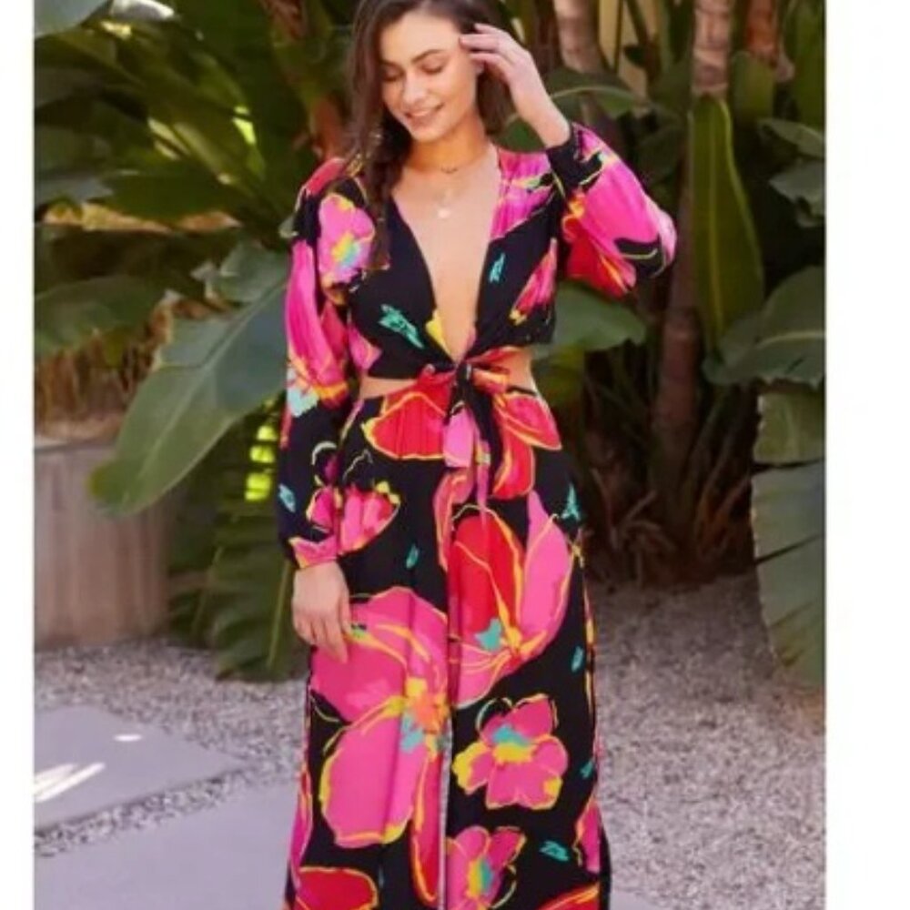 Maaji Floral Kira Long Sleeves Jumpsuit Wide Leg Black Pink - NWT Size Large*